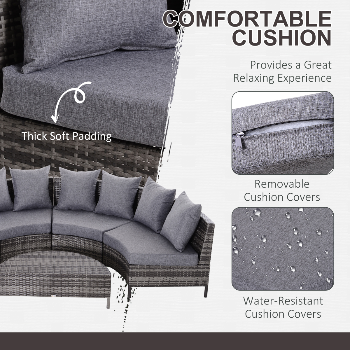 4-Seater Half Moon Shaped Rattan Outdoor Garden Furniture Set Grey