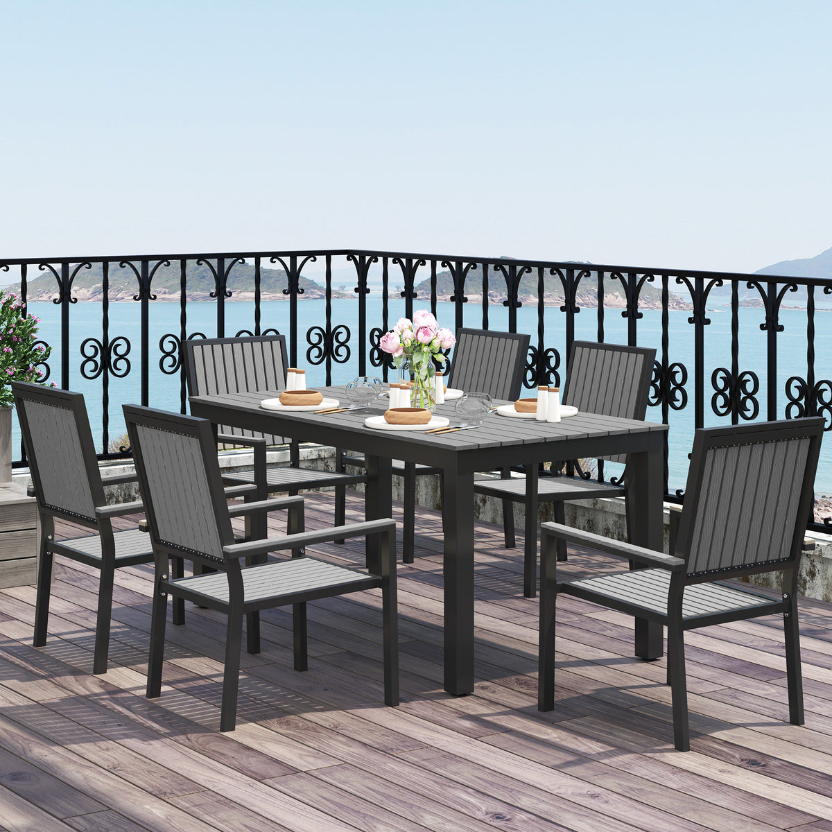 Outsunny 6 Seater Aluminium Garden Dining Set with Stackable Chairs, Grey