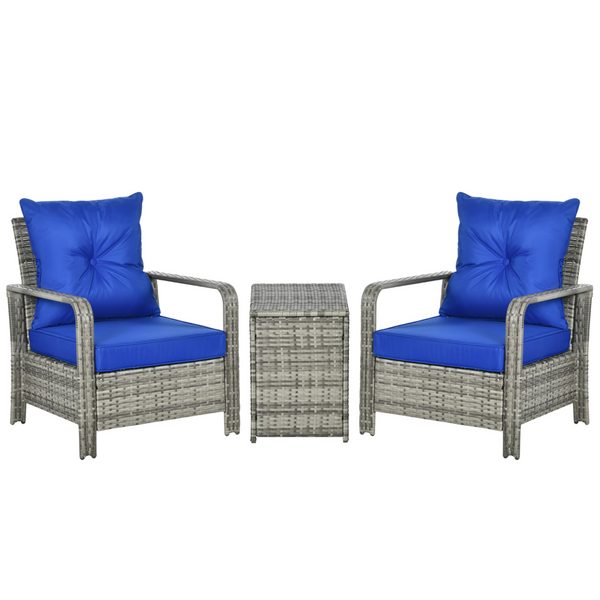 3 PCs PE Rattan Garden Sofa Set w/ 2 Chairs & Storage Table Mixed Grey